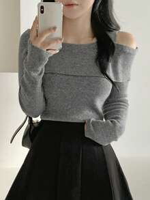 DAZY Off-Shoulder Elastic Fitted Layering Top, Soft Long Sleeve Sweater For Women