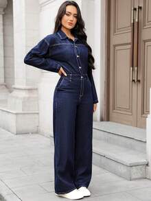 EMERY ROSE 女士时尚休闲牛仔连体裤 - 藍色 - 查看 3