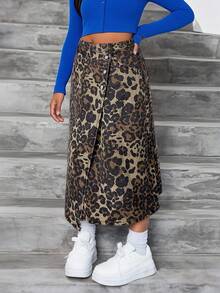 Tween Girls Casual Frayed Hem Asymmetric Waist Denim Long Skirt With Leopard Print, Soft Washed, Comfortable, Fashionable, Suitable For Fall& Winter,For Girls Daily Clothes And Streetwear Outfits, Back To School Homecoming Outfits,Christmas Clothes Halloween Outfits,Suitable For School, Home And Travel