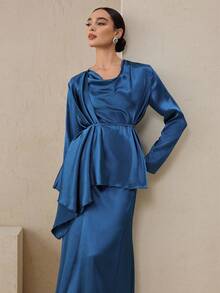 Graceveil 2件套女式吊领塔夫绸束腰长裙套装 - 藍色 - 查看 6