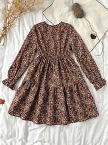 SHEIN 少女碎花圆领荷叶边袖宽松休闲连衣裙 - 彩色 - 查看 2