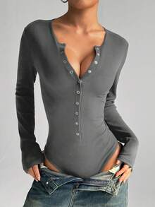 Flirla Women's Autumn/Winter Metallic Button Closure Fitted Ribbed Knit Bodysuit - Dark Grey - View 3