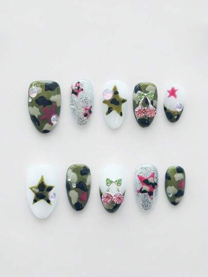 Anime 10 Stück süße Schleifen-Musik-Noten-Stern-Elemente hochwertige handgefertigte Kunstnägel + 3 Stück doppelseitiger Kleber, Y2K französischer Stil Strass-Kette Polka-Punkt abnehmbare Nail-Art-Aufkleber, geeignet für Feiertage, Partys, Tanzen und den täglichen Gebrauch