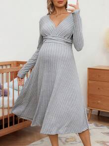 SHEIN 孕妇休闲纯色高腰连衣裙，秋季 - 灰色 - 查看 4