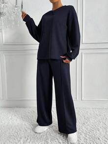 SHEIN Tall 2件組海軍藍秋季女款運動套裝，極簡休閒居家服，寬鬆圓領衛衣搭配寬腿運動長褲，街頭風，適合高個女性 - 藏蓝色 - 查看 4
