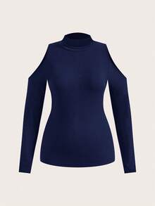 EMERY ROSE Casual Plus Size Solid Color Minimalist Long Sleeve Turtleneck T-Shirt, Everyday Wear Fall - Navy Blue - View 2