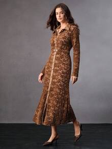 Anewsta High-End Design Autumn/Winter Lace Patchwork PU Leather Metal Button Embellished Slim Fit Dress - Coffee - View 4