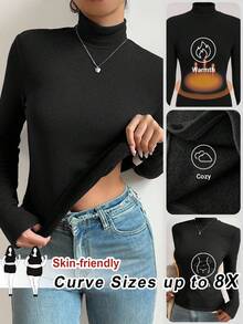 SHEIN CURVE+ Áo thun nữ tay dài cổ lọ dáng ôm màu trơn cỡ lớn cho mùa thu đông, chất liệu vải lót giữ nhiệt nâng cấp, thời trang, giản dị, thoải mái, đa năng mà không trông cồng kềnh - màu đen - Xem 9