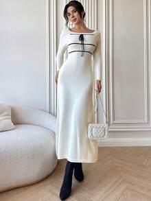 Firerie Damen Neues elegantes, sexy, schlankes Zugband A-Linien Maxikleid mit quadratischem Kragen, Kontrastfarbenes Pulloverkleid, tailliertes A-Linien Kleid, Frühling Herbst Winter Bekleidung, geeignet für elegant, Lässig, Büro, Alltag, Date, Urlaub - Aprikosenfarben - Übersicht 5