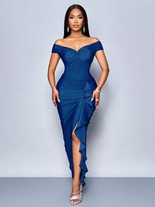 SOLERSUN Sommer Herbst Damen Kleidung Party Burgunderrot Off-Shoulder Kleid mit kurzen Ärmeln, Knoten in der Mitte der Brust, Raffung an den Seiten, Schlitz vorne, Rüschensaum Maxikleid - Blau - Übersicht 5