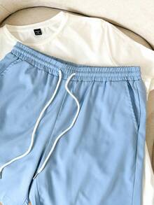 SWAVVY Men Slogan & Cartoon Graphic Tee & Drawstring Waist Shorts Summer Outfit, Couple Things