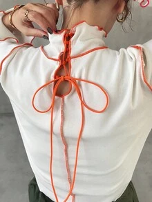 FRIFUL Damen Schwarz einfarbiger Rollkragen Langarm T-Shirt mit Kontrastsaum am Nacken, Tunnelzug und Cut-Out Design, figurbetont, vielseitig einsetzbar, Herbst/Winter - Weiss - Übersicht 5