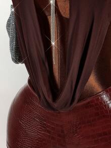 Amplova Mesh Deep Draped Neck Halter Backless PU Patchwork Bodysuit