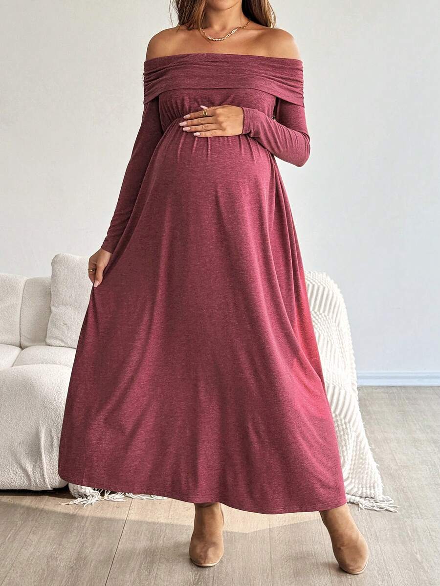 SHEIN Váy trễ vai trơn màu cho bà bầu, mùa thu - Đỏ - Xem 1