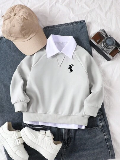 SHEIN 男童军绿色插肩袖圆领刺绣运动衫，休闲日常百搭运动户外服，春秋季