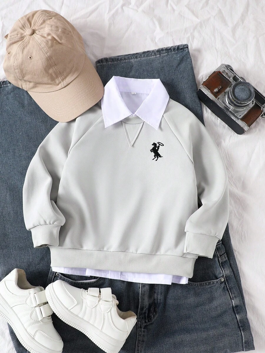 SHEIN 男童军绿色插肩袖圆领刺绣运动衫,休闲日常百搭运动户外服,春秋季 - 灰色 - 查看 1
