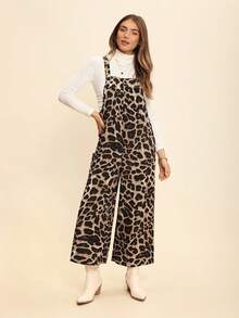 Coeurva Women's Casual Leopard Print Pocket Loose Jumpsuit Cheetah Print - Khaki - View 1