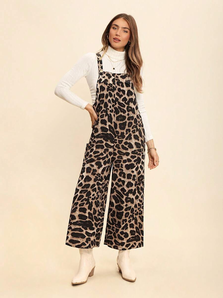 Coeurva Women's Casual Leopard Print Pocket Loose Jumpsuit Cheetah Print - Khaki - View 1