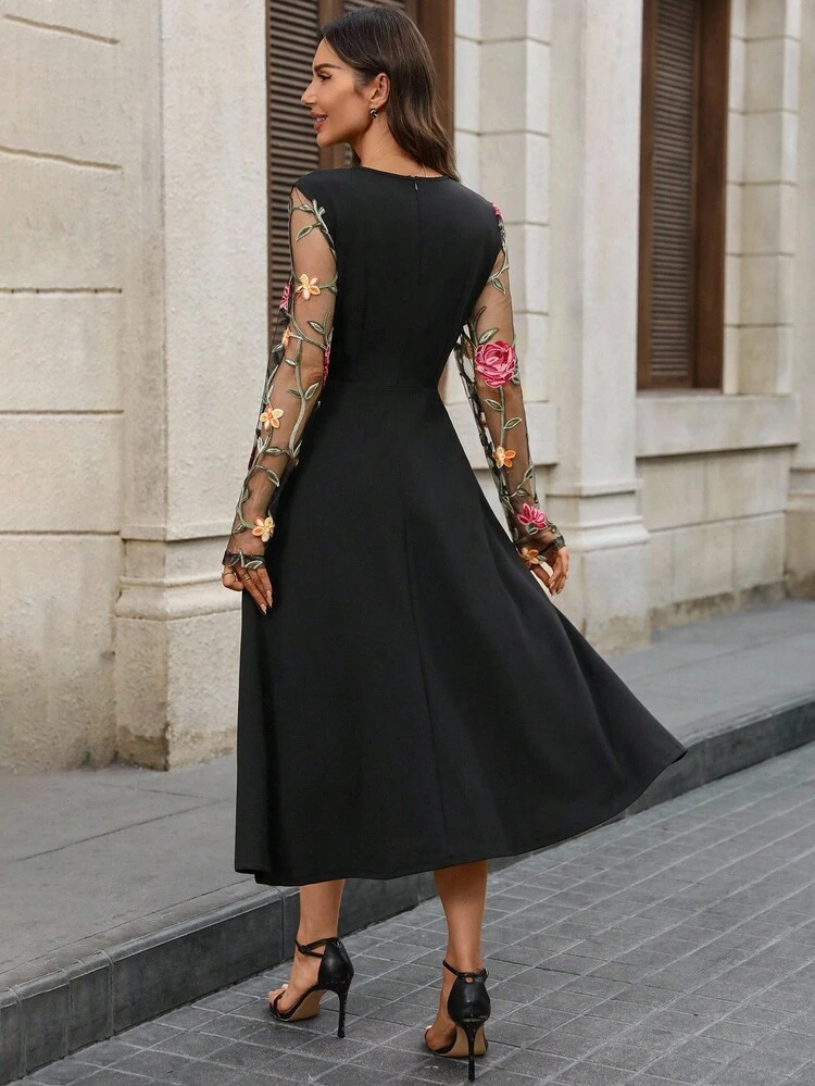 Women's Round Neck Floral Embroidery Mesh Patchwork Midi Dress, Elegant Elegant Midi Dress Black Elegant Dress Women Long Sleeve Elegant Dress Ankle Length Dress Sexy Dresses For Women  Elegant Dresses For Women   Elegant Party Dresses For Women Women Dresses Autumn Winter Black Dress Christmas Women's Clothing