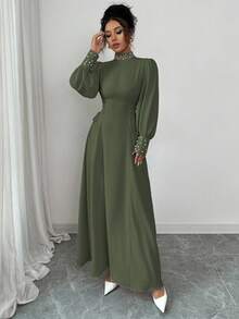 Elenzga 女士优雅简约高领中长连衣裙，适合办公室、通勤、度假、海滩、下午茶、派对、复古风格、教师、纯色、撞色、珍珠装饰、侧系腰带、喇叭灯笼袖、珍珠袖口饰边、A 字廓形、春/秋/冬 - 軍綠色 - 查看 5