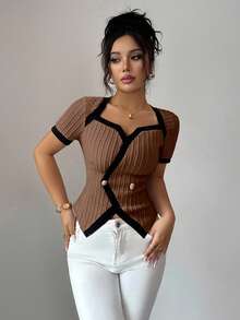 Selianne Áo thun tay ngắn thiết kế bất đối xứng màu sắc cổ điển dành cho nữ - màu nâu - Xem 6