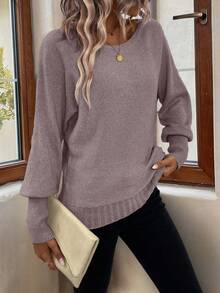 EMERY ROSE Women's Solid Color Batwing Sleeve Casual Pullover Sweater, Autumn/Winter - Violet Purple - View 5