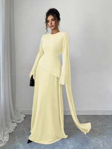 Selianne Váy kiểu Pháp cổ điển thanh lịch phong cách Trung Đông dành cho nữ, có thân áo nhiều lớp với eo thắt có thể điều chỉnh, chân váy xòe có viền voan, tay dài xòe và chi tiết xếp nếp vai, thích hợp cho các bữa tiệc và dịp trang trọng, có sẵn vào mùa thu/đông - Vàng nhạt - Xem 5