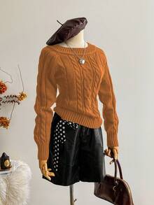SHEIN LUNE Minimalistyczny, szykowny, damski sweter z dzianiny kablowej w kolorze brązowym, z odkrytymi ramionami i długim rękawem, jesień/zima - Pomarańczowy - Zobacz 6