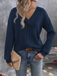 EMERY ROSE T-shirt décontracté à manches longues, col en V, épaules tombantes et côtelé, couleur unie, automne pour femmes - Bleu marine - Voir 3