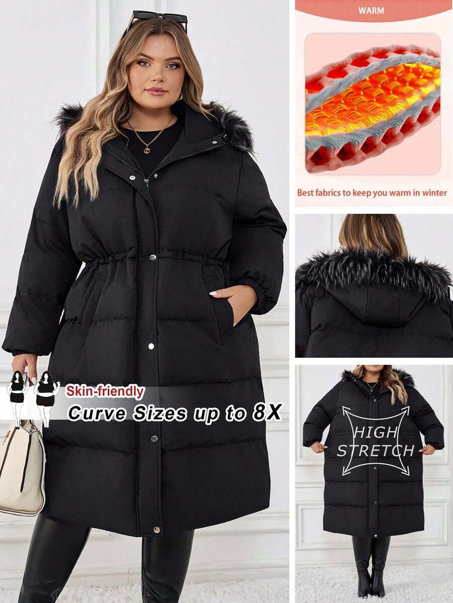 SHEIN CURVE+ 冬季大码女式连帽毛领加厚夹克 - 黑色 - 查看 1