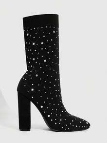 CUCCOO SZL Women's Pointed Toe High Heel Elastic Rhinestone Socks Boots - Black - View 3