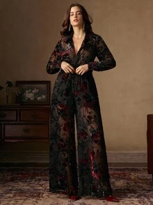 Anewsta 2件套女士优雅花卉刺绣长袖衬衫和裤子套装 - 酒紅色 - 查看 5