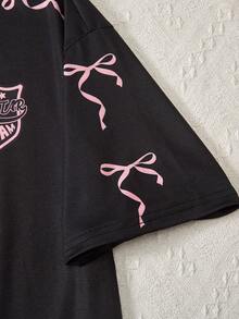 Sparklyn 2pcs Set Teen Girls Pink Bow & Letter V-Neck Black Loose T-Shirt With Pink V-Shaped Pleat Mini Skirt, Sweet And - Multicolor - View 7