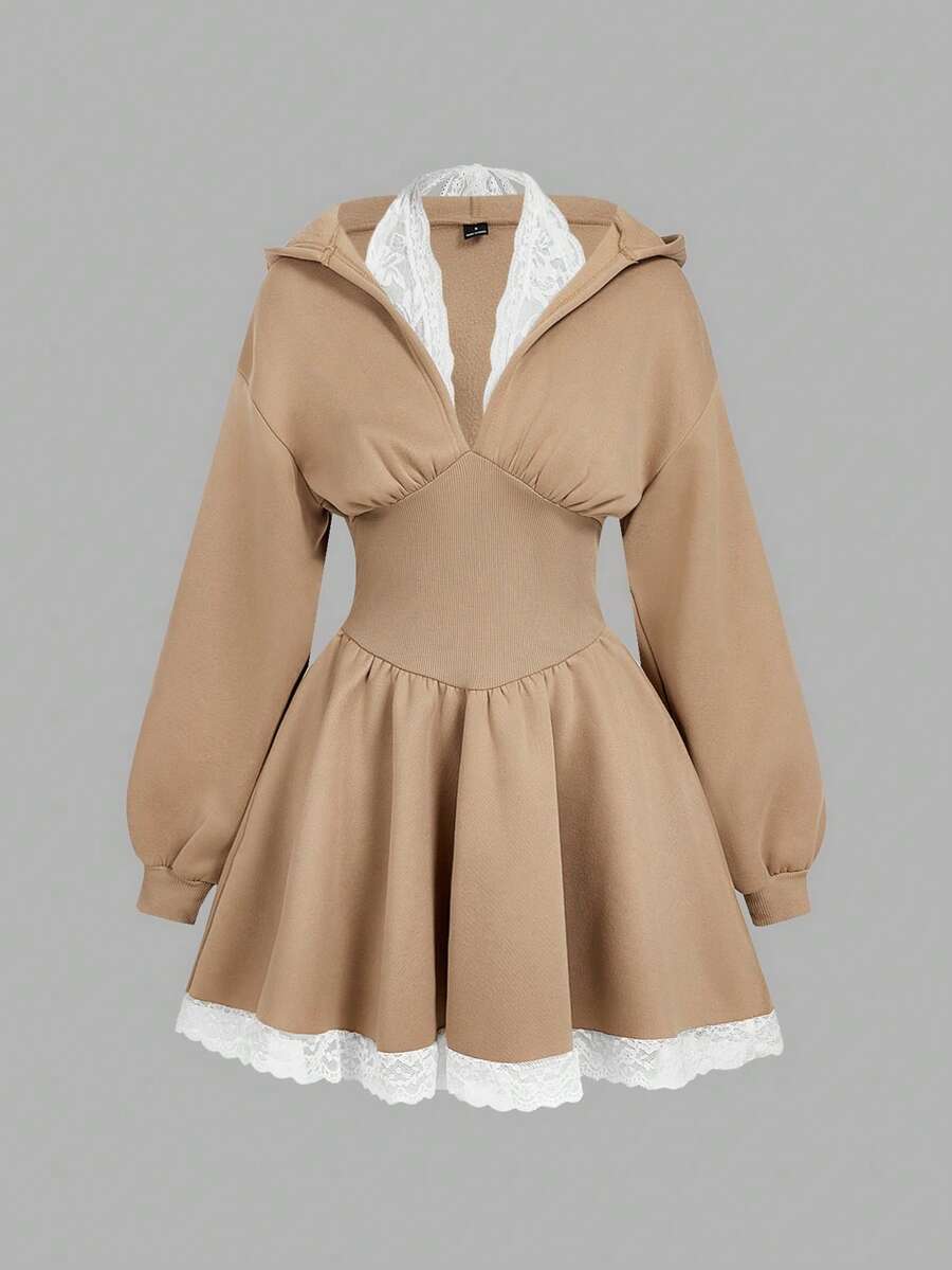 SHEIN MOD 女式落肩长袖蕾丝拼布腰休闲连衣裙 - 駝色 - 查看 1