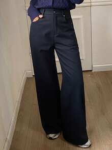 DAZY 纯色保暖宽松喇叭裤，女士休闲街头风，秋冬保暖款 - 藏蓝色 - 查看 9