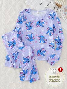 Genkimix Kids Girls Cute Cloud & Print Pink Crew Neck Long Sleeve Top And Leggings 2 Pieces Knit Stretchy Soft Fitted Loungewear Set - Multicolor - View 1