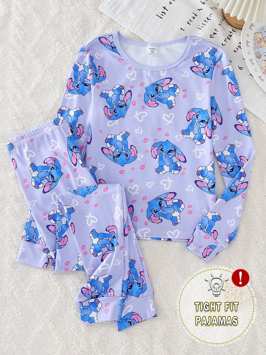 Genkimix Kids Girls Cute Cloud & Print Pink Crew Neck Long Sleeve Top And Leggings 2 Pieces Knit Stretchy Soft Fitted Loungewear Set - Multicolor - View 1