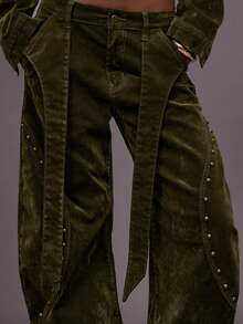 MUSERA Flocked Barrell Leg Curved Studded Hem Detail Mid Rise Jeans Winter Night Out Going Out Streetwear Cute Back To School Sexy Chic Spring Summer - Army Green - View 5