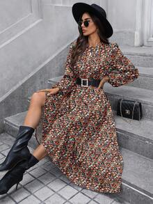 SHEIN LUNE Váy dài tay họa tiết hoa cổ tròn xếp ly dáng chữ A lãng mạn, cổ điển, thu đông cho nữ - Nhiều màu - Xem 5