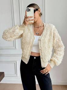 SHEIN Frenchy Cardigan élégant de couleur unie à fleurs 3D pour femmes, automne/hiver - Nude - View 1
