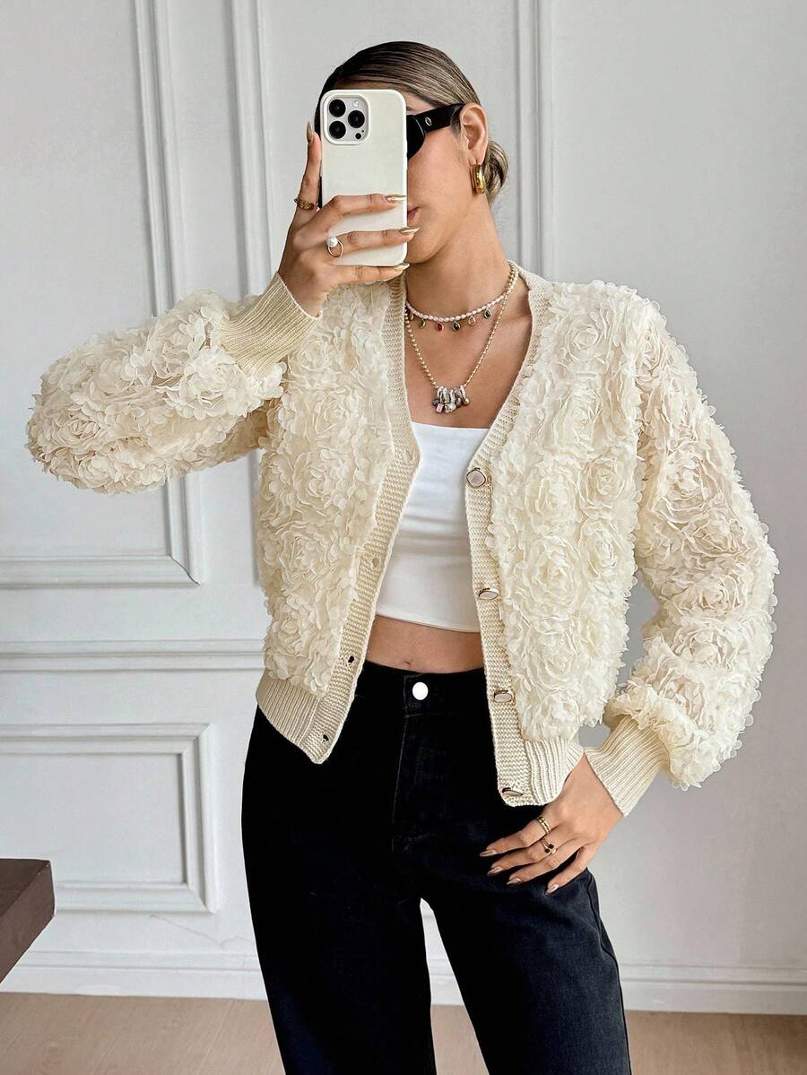 SHEIN Frenchy Cardigan élégant de couleur unie à fleurs 3D pour femmes, automne/hiver - Nude - View 1