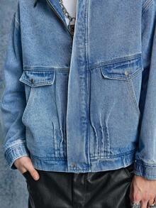 ROMWE MEN Casual Áo khoác denim thường ngày màu tương phản mùa thu cho nam, cổ bẻ, vai trễ, tay dài, khóa kéo phía trước - màu đen - Xem 2