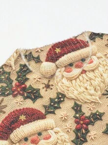 EMERY ROSE Women's Christmas Knitted Sweater With 3D Santa Print - Plus Size Holiday Santa Top For Everyday Wear