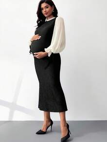 MaterniWear Roupas de Trabalho para Gestantes, Roupas de Trabalho para Gestantes, Vestidos para o Trabalho, Roupas de Outono, Roupas de Outono/Inverno para Gestantes, Vestido Elegante Ajustado com Babados em Blocos de Cores, Gola Alta, Manga Lanterna e Barra Cauda de Sereia para Gestantes, Vestido Maxi de Tricô, Vestidos de Tricô para Mulheres, Vestido Longo Casual, Vestido Suéter Modesto, Vestido de Gestante, Vestido para Gestantes, Roupas de Gravidez, Looks para Gestantes, Vestido de Amamentação - Preto - Ver 3