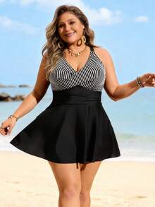 Swim Lushoire Bộ đồ bơi hai mảnh họa tiết sọc chắp vá cổ chữ V cỡ lớn thiết kế chéo ngực ôm sát bụng cho nữ - màu đen - Xem 4