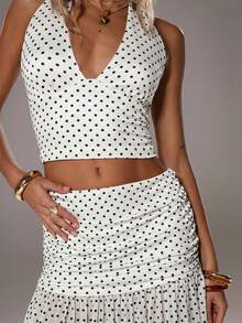 TRNVIE 女士波点印花深V领露脐吊带上衣和褶皱半裙性感两件套 - 杏色 - 查看 7