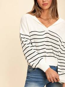 Coeurva 秋冬条纹水手领落肩毛衣、长袖上衣 - 白色 - 查看 6