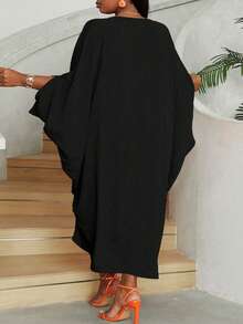 SHEIN CURVE+ 大码女式 V 领蝙蝠袖褶皱宽松优雅连衣裙，春秋季 - 黑色 - 查看 2