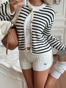 CovetEZ Cardigan listrado casual feminino para uso diário, outono/inverno