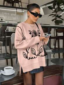 Áo len dệt kim dáng rộng cổ tròn, tay dài, trễ vai thêu họa tiết cho nữ, mùa thu/đông - Bụi hồng - Xem 4